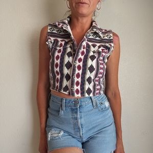 🍁VTG Aztec print boho denim crop shirt